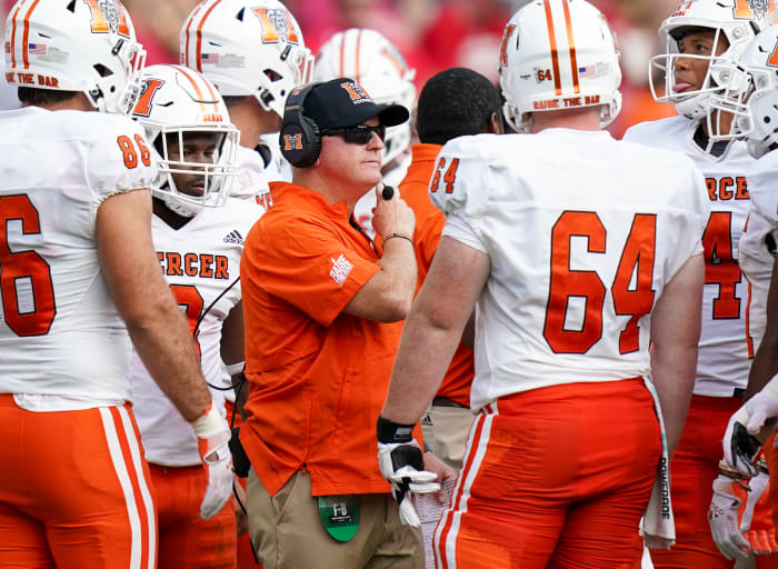 Sep 11, 2021; Tuscaloosa, Alabama, USA; Mercer Bears head coach Drew Cronic at Bryant-Denny Stadium. Mandatory Credit: Marvin Gentry-USA TODAY Sports